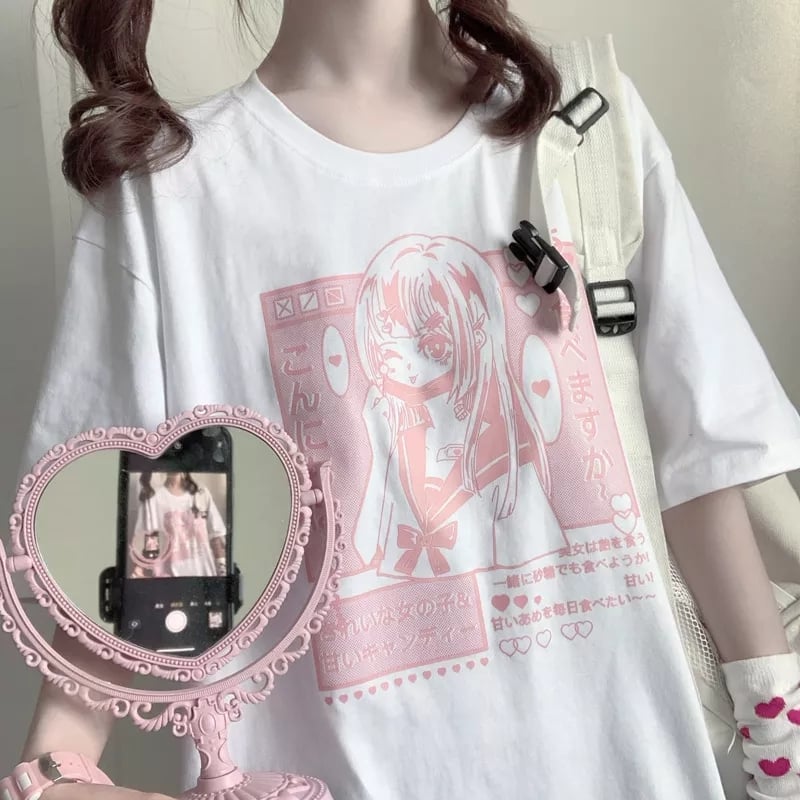 Pastel Pink Anime Girl Print Short Sleeve T-shirt