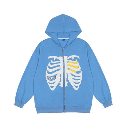Retro Rib Skeleton Print Long Sleeve Hoodie Jacket Zipper Pullover Casual E-Girl Kawaii Korean Japanese Harajuku Streetwear
