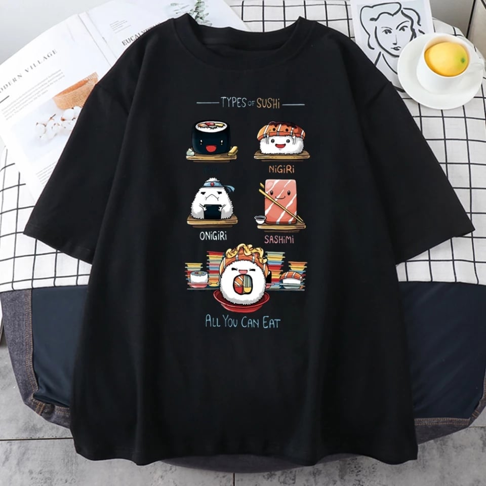 Cute Sushi Food Graphic Cartoon Print Loose Short Sleeve T-shirt Aesthetic Casual Summer E-Girl Kawaii Korean Japanese Harajuku