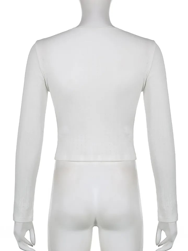 White Ribbed Lace Long Sleeve Shirt