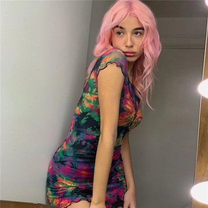 Cute Sexy Tie Dye Butterfly Print Mesh Transparent Short Sleeve Mini Dress Summer Aesthetic Casual E-Girl Kawaii Korean Japanese Harajuku