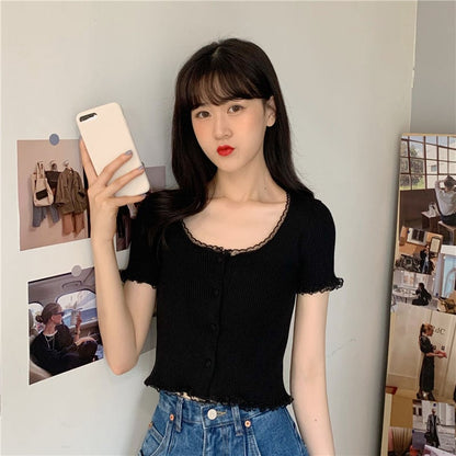 Yellow Lace Knit Short Sleeve Top