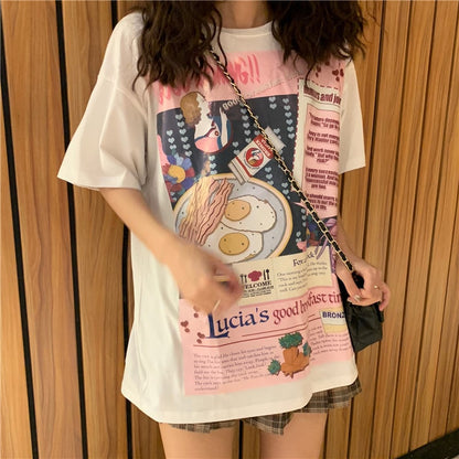 Cute Funny Cartoon Egg Bacon Breakfast Food Graphic Short Sleeve Shirt Tee T-shirt E-Girl Kawaii Korean Japanese Harajuku Chinese Retro Streetwear