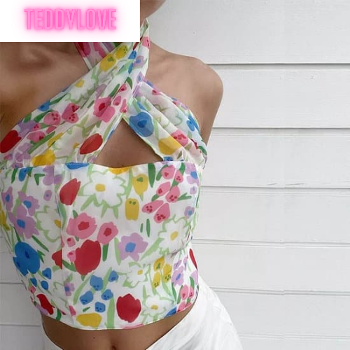 Cute Sexy Floral Print Halter Neck Tank Crop Top Backless Sleeveless Shirt Beach Aesthetic Casual Summer E-Girl Kawaii Korean Japanese Haraju