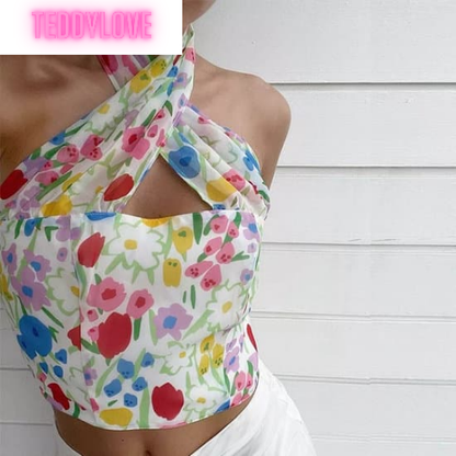 Cute Sexy Floral Print Halter Neck Tank Crop Top Backless Sleeveless Shirt Beach Aesthetic Casual Summer E-Girl Kawaii Korean Japanese Haraju