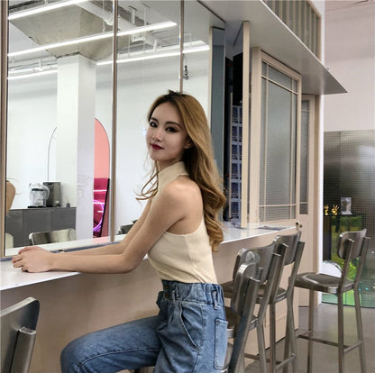 Cute Halter Neck Off Shoulder Crop Top Bodycon T-shirt Tee Shirt Blouse E-Girl Kawaii Korean Japanese Harajuku Retro Streetwear Aesthetic