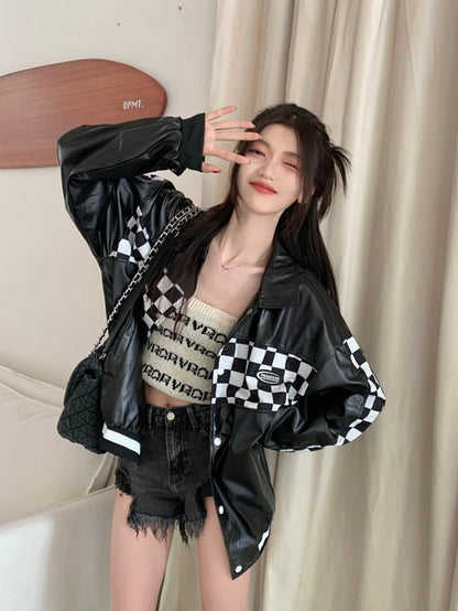 Black PU Leather Checkboard Loose Jacket