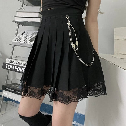 Cute White Black Chain Lace High Waist A-line Pleated Skirt Summer Aesthetic Casual E-Girl Kawaii Korean Japanese Harajuku
