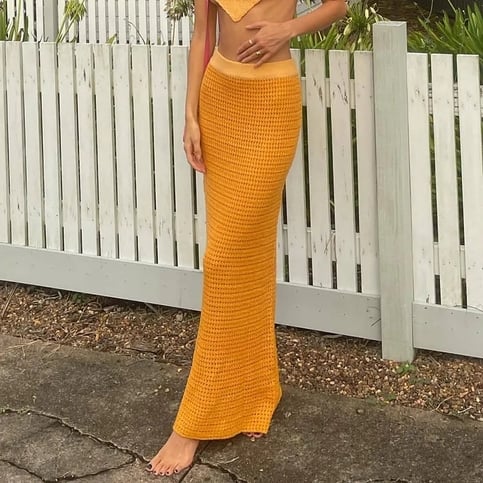 Orange Knit Beach Knit Pencil Skirt