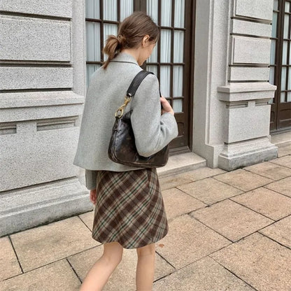 Brown Plaid A-Line Mini Skirt