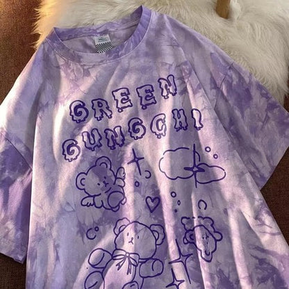 Cute Vintage Retro 90s Tie Dye Aesthetic Bear Short Sleeve Tee Shirt Top Oversize Loose Summer E-Girl Kawaii Korean Japanese Harajuku Streetwear