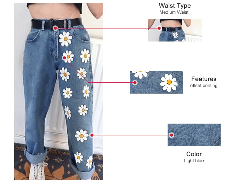 Cute Flower Daisy Denim Chic High Waisted Vintage Jean Pants Trouser E-Girl Kawaii Korean Japanese Harajuku Chinese Retro Streetwear Aesthetic