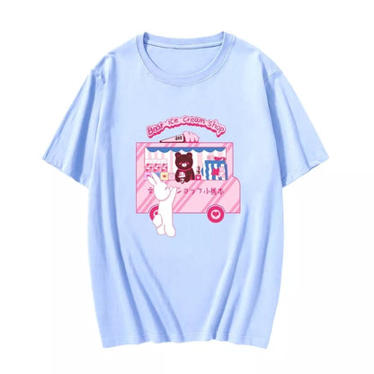 Sweet Bear Ice Cream Shop Print Loose Short Sleeve T-shirt