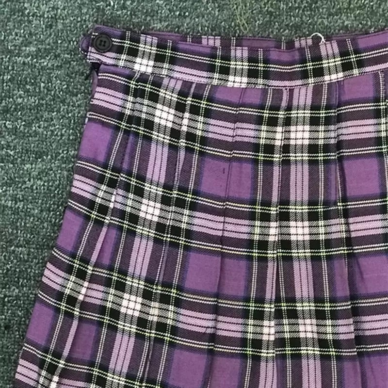 Purple Plaid Spring Summer High Waisted Pleated Skirt School Girl Skater Bottoms E-Girl Kawaii Korean Japanese Harajuku Streetwear