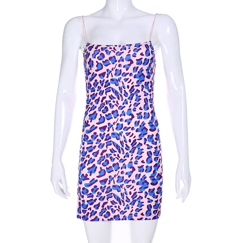 Cute Purple Leopard Spaghetti Strap Backless Mini Dress Party E-Girl Kawaii Korean Japanese Harajuku Chinese Retro Streetwear Aesthetic