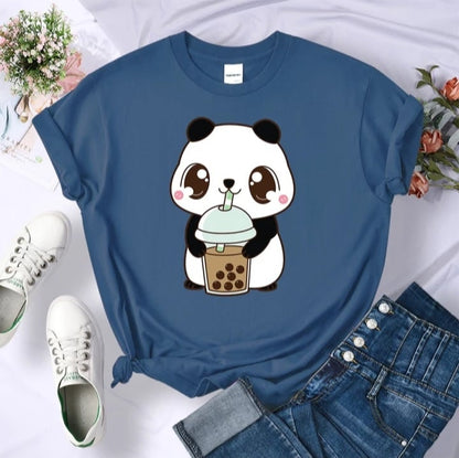 Cute Panda Bear Boba Bubble Milk Tea Graphic Cartoon Print Loose Short Sleeve T-shirt Aesthetic Casual Summer E-Girl Kawaii Korean Japanese Harajuku