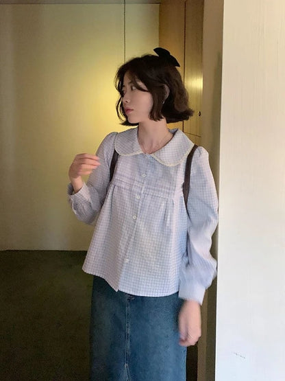 Blue Plaid Puff Long Sleeve Shirt