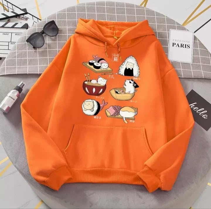Cute Cat Sushi Cartoon Print Oversized Hoodie Fleece Sweatshirt Pullover Aesthetic Casual E-Girl Kawaii Korean Japanese Harajuku