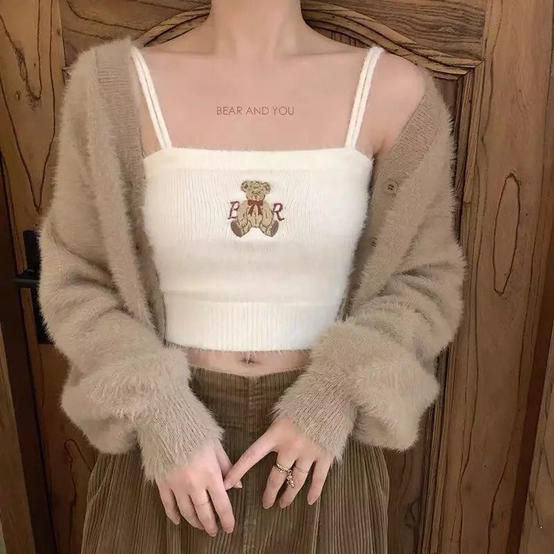 Bear Embroidery Knit Crop Top Spaghetti Strap Tank Sleeveless Shirt Summer Aesthetic Casual E-Girl Kawaii Korean Japanese Harajuku