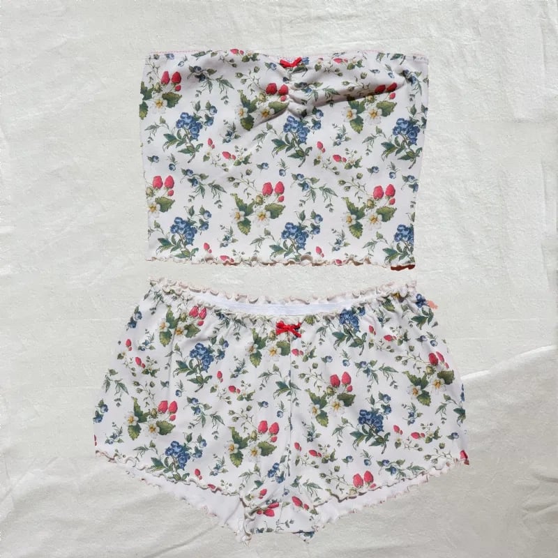 2PCS Pink Floral Print Frill Strapless Top + Shorts Set