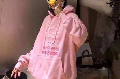 Cute Pink Love Heart Good For U Oversized Hoodie Sweatshirt Long Sleeve Pullover Jumper Sweater E-Girl Kawaii Korean Japanese Harajuku Streetwear