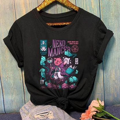 Cute Cat Kitten Neko Cartoon Print Goth Funny Short Sleeve Shirt Tee T-shirt E-Girl Kawaii Korean Japanese Harajuku Chinese Retro Streetwear Aesthetic