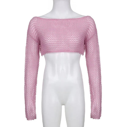 Pink Hollow Out Fishnet Long Sleeve Shirt
