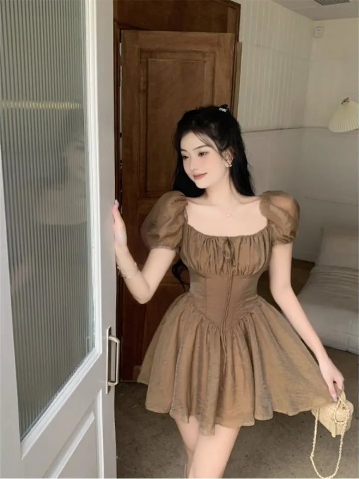Brown Squares Neck Puff Sleeve Dress