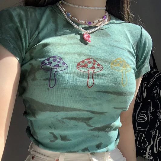 Cute Vintage Tie Dye Colorful Mushroom Print Short Sleeve Shirt Grunge Goth Punk Summer Aesthetic Casual E-Girl Kawaii Korean Japanese Harajuku