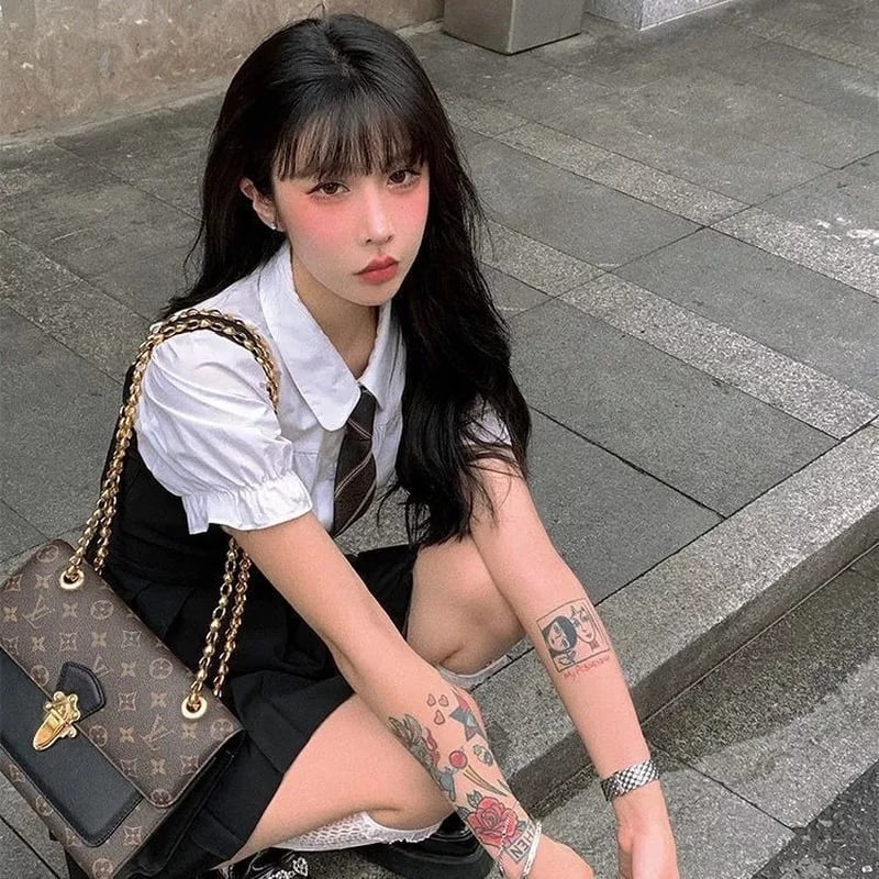 Cute Preppy Puff Sleeve Shirt Pleated Dress Set Student Aesthetic Casual E-Girl Kawaii Korean Japanese Harajuku