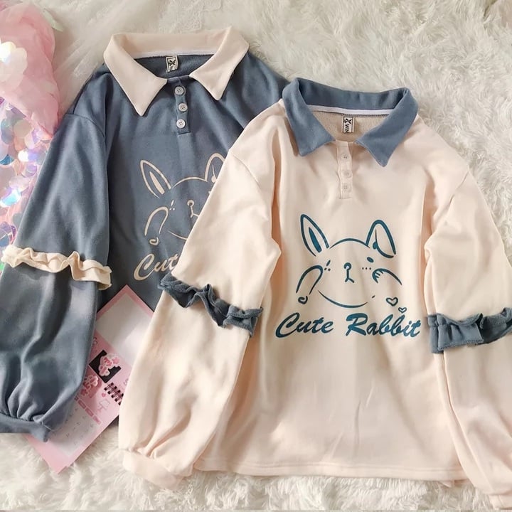 Cute Bunny Rabbit Graphic Vintage Collar Long Sleeve T- Shirt Sweatshirt Aesthetic Casual E-Girl Kawaii Korean Japanese Harajuku