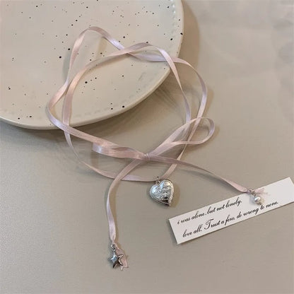 Pink Heart Pendant Rope Tied Necklace