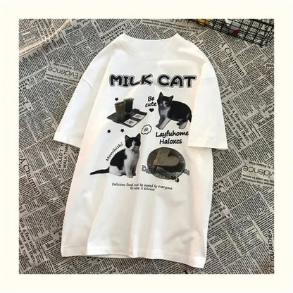 Cat Milk Cartoon Print Short Sleeve T-shirt