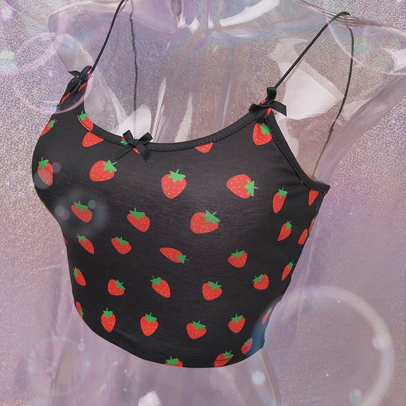Cute Strawberry Fruit Spaghetti Strap Crop Top Camisole Shirt Tee T-shirt E-Girl Kawaii Korean Japanese Harajuku Chinese Retro Streetwear Aesthetic