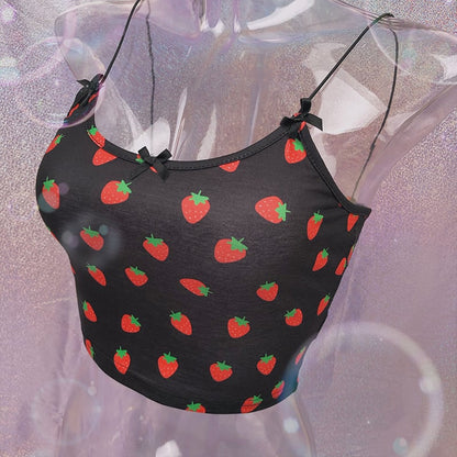 Cute Strawberry Fruit Spaghetti Strap Crop Top Camisole Shirt Tee T-shirt E-Girl Kawaii Korean Japanese Harajuku Chinese Retro Streetwear Aesthetic