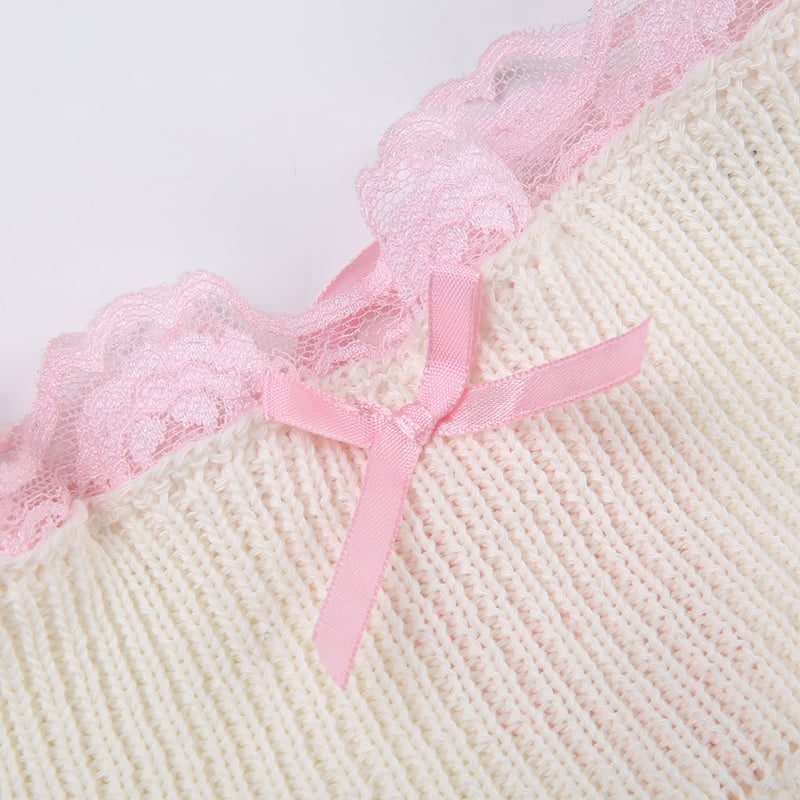White Knit Bow Ribbed Trim Low Waist Mini Skirt