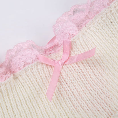 White Knit Bow Ribbed Trim Low Waist Mini Skirt