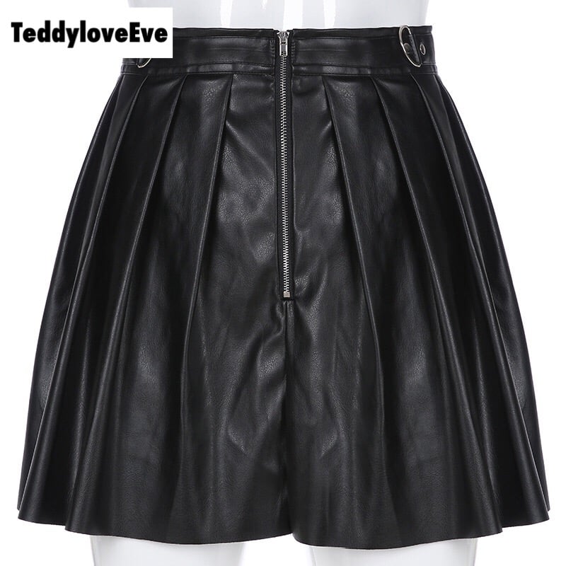 Sexy Black Goth Grunge Punk Summer Zipper Rivet Pleated PU Skirt Metal Ring Hallow Out E-Girl Kawaii Korean Japanese Harajuku Streetwear