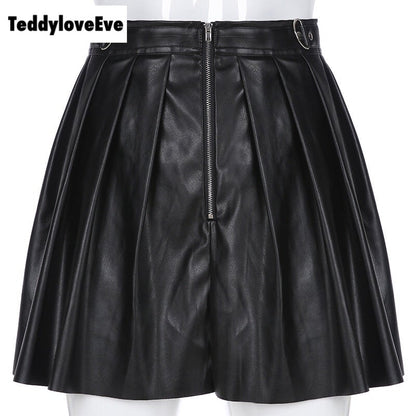 Sexy Black Goth Grunge Punk Summer Zipper Rivet Pleated PU Skirt Metal Ring Hallow Out E-Girl Kawaii Korean Japanese Harajuku Streetwear