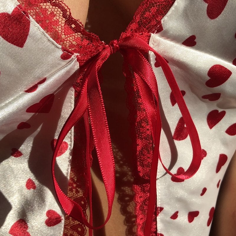 Cute Sexy Heart Print V Neck Lace Edge Crop Top Camisole Shirt Club Party Summer Casual E-Girl Kawaii Korean Japanese Harajuku Streetwear