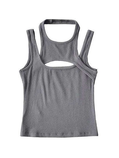 Grey Asymmetrical Hollow Out Tank Top