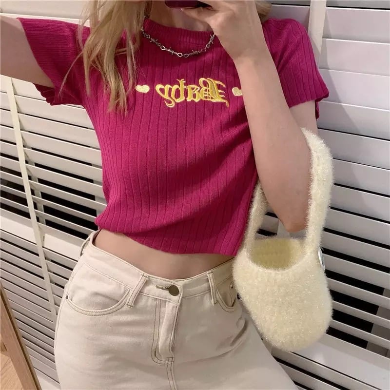 Pastel Pink Baby Embroidery Knit Short Sleeve Shirt Top T-shirt Summer Casual E-Girl Kawaii Korean Japanese Harajuku Streetwear