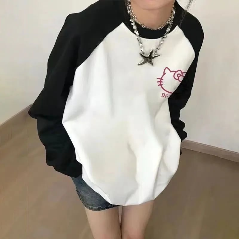 Kitty Cat Anime Cartoon Patchwork Long Sleeve T-shirt
