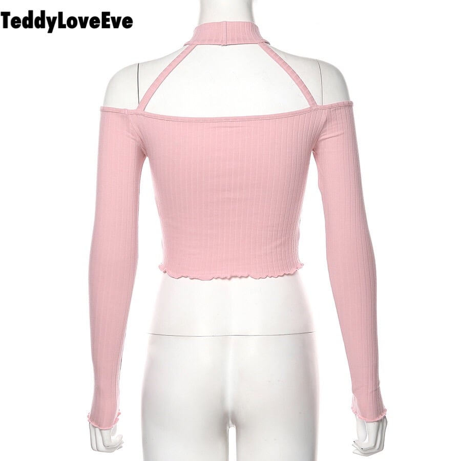 Cute Pink Strapless Ruffle Crop Top Causal Slim Long Sleeve Shirt T-shirt Top Tee E-Girl Kawaii Korean Japanese Harajuku Streetwear