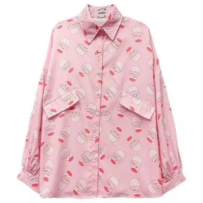 Cute Pastel Pink Strawberry Milk Yogurt Drink Blouse Long Sleeve Shirt Button Up Top Summer Casual E-Girl Kawaii Korean Japanese Harajuku Streetwear