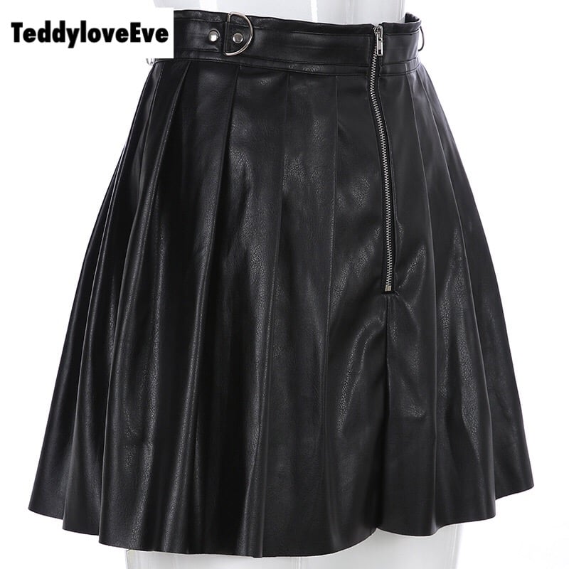 Sexy Black Goth Grunge Punk Summer Zipper Rivet Pleated PU Skirt Metal Ring Hallow Out E-Girl Kawaii Korean Japanese Harajuku Streetwear