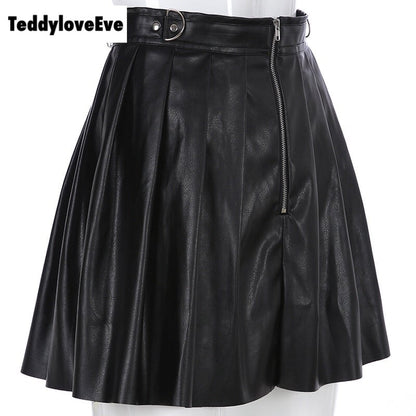 Sexy Black Goth Grunge Punk Summer Zipper Rivet Pleated PU Skirt Metal Ring Hallow Out E-Girl Kawaii Korean Japanese Harajuku Streetwear