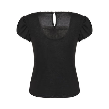 Vintage Bow Ruffle Patchwork Short Sleeve Shirt