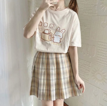 Cute Bunny And Toast Bread Graphic Cartoon Print Loose Short Sleeve T-shirt Aesthetic Casual Summer E-Girl Kawaii Korean Japanese Harajuku