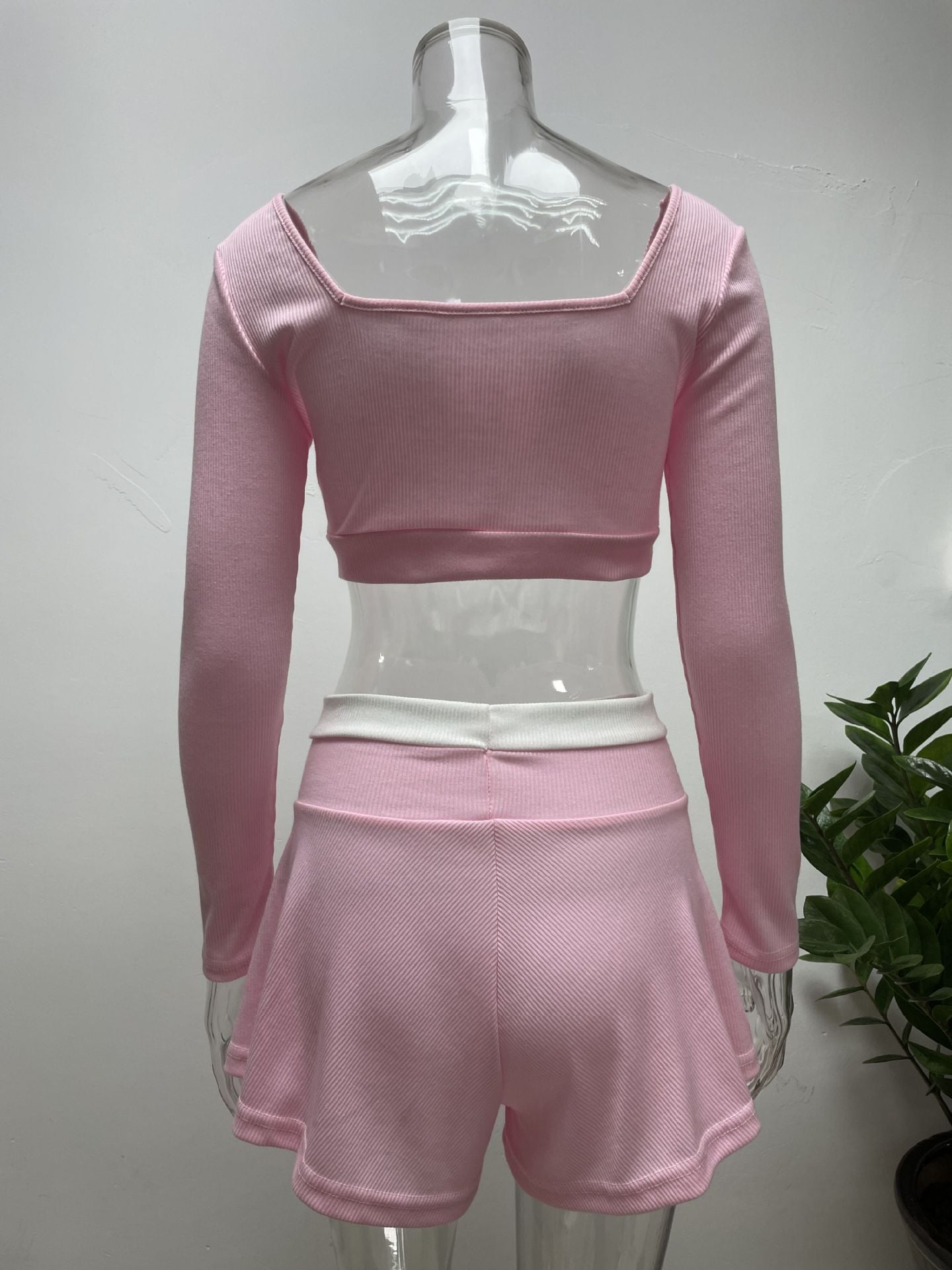 2PCS Pink Patchwork Long Sleeve Shirt + Shorts